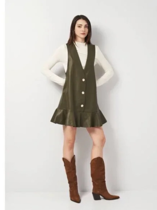 Zara Dresses & Skirts - Zara Olive Green Faux Leather Vest Dress Women Size Medium Retro Flounce Button